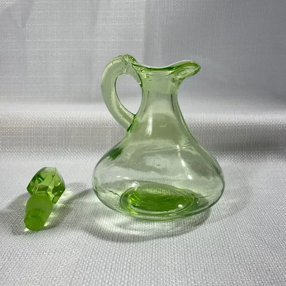 Vintage Uranium Glass Cruet with Stopper Green Vaseline Glass Pitcher UV Glow‎